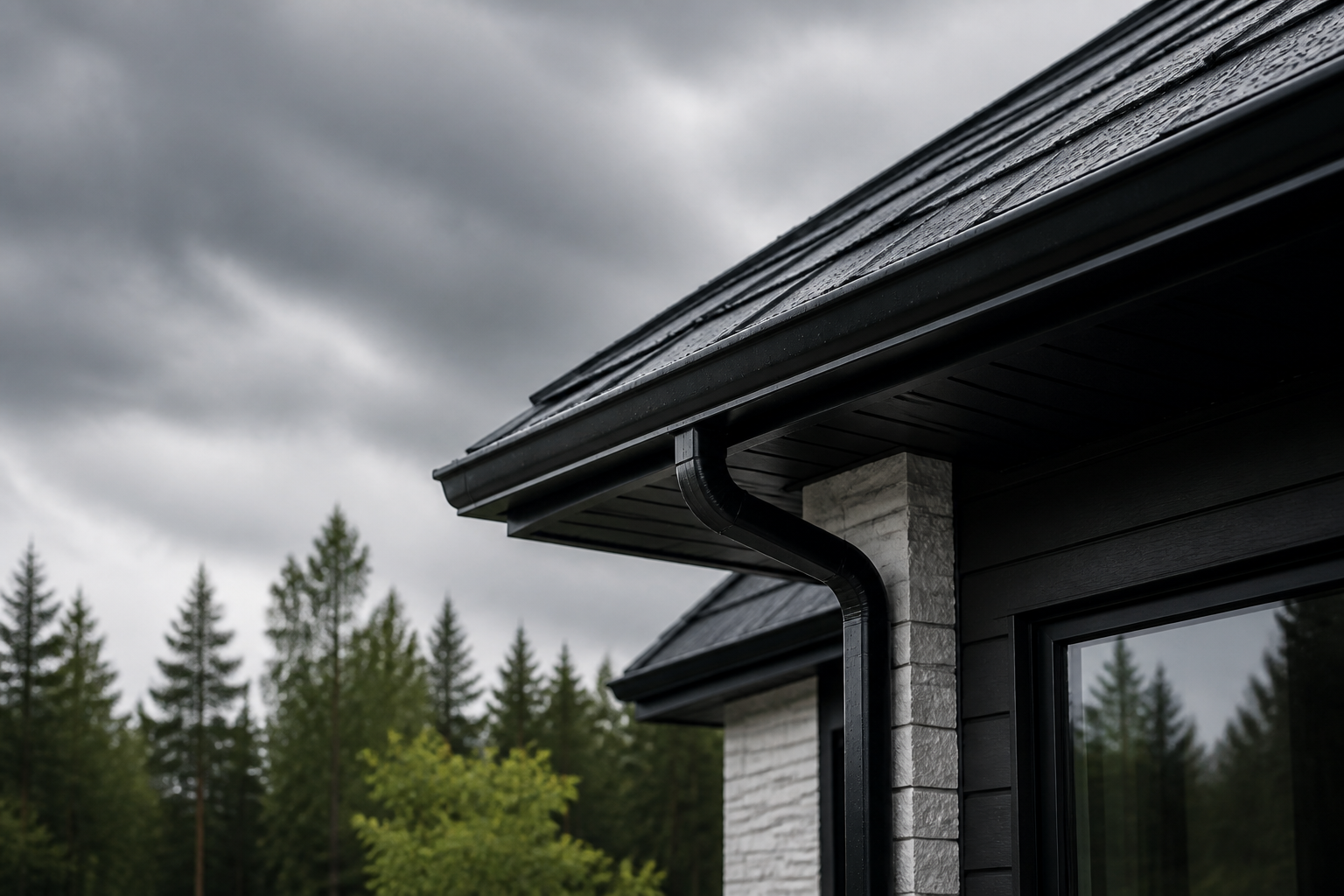 Gouttière noire sans joint sur une maison moderne après la pluie